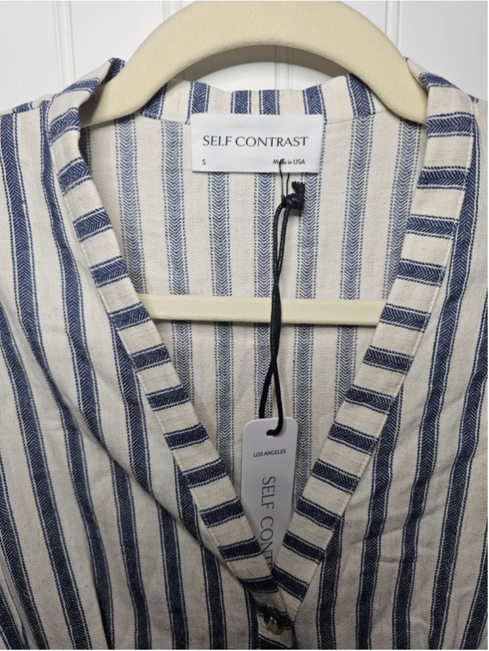 Self Contrast Anthro Midi Dress Jamila Striped Cotton Linen Cream Navy Small NWT - Picture 3 of 6